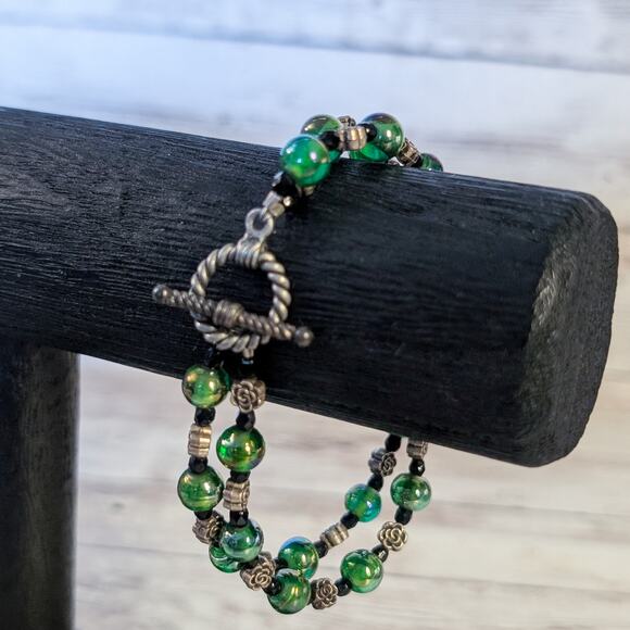 Vintage Bracelet Double Row Green Beads - Picture 6 of 7